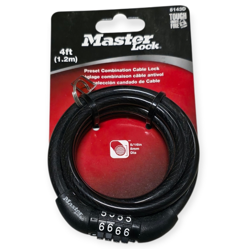 NWT Master Lock Preset Combination Cable Lock In Black